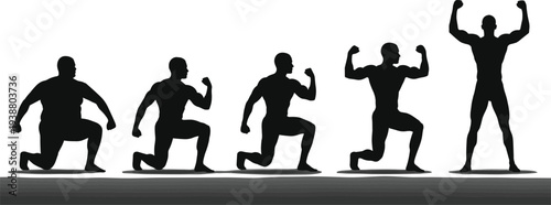 Fitness transformation silhouette progression from overweight to muscular victory pose, exercise and wellness theme, flat vector illustration
