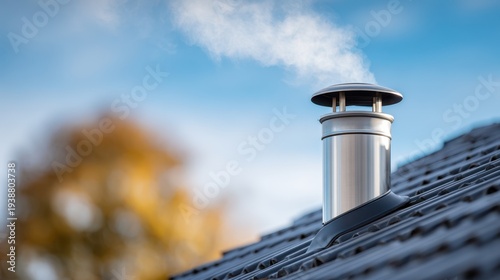 Metal chimney on a rooftop emits smoke against a clear blue sky, showcasing the warmth of home and the changing seasons in the background