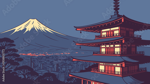 Iconic Japanese Pagoda Structure Overlooking Cityscape with Majestic Snow Capped Mountain at Dusk tokyo skyline vector
