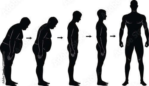 Fitness transformation silhouettes with arrows progression from overweight to muscular confident posture, health and wellness theme, flat vector illustration