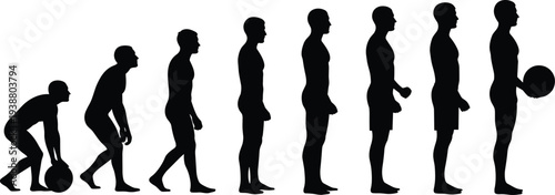 Human posture evolution silhouettes crouched to upright holding ball, sports and development theme, flat vector illustration for growth concepts