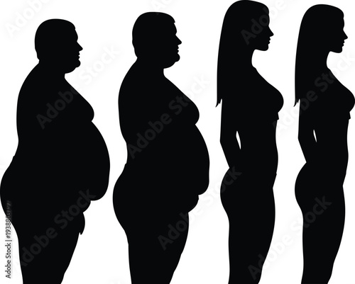 Male and female body transformation silhouettes, fitness progression and weight loss theme, flat vector illustration for health and wellness concepts