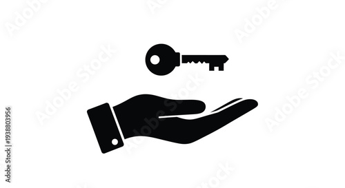 Simple black silhouette vector graphic illustration of an open hand receiving or presenting a single security key against a white background