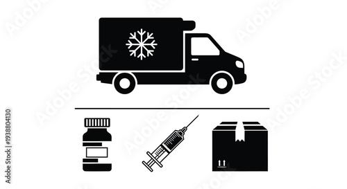 This vector illustration depicts a refrigerated delivery truck transporting essential medical supplies like vials, syringes, and packaged goods, emphasizing critical cold chain logistics.