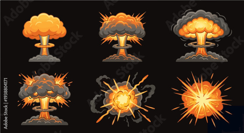 A captivating collection of dynamic pixel art vector graphic illustrations showcasing various powerful explosions and menacing mushroom clouds, perfect for game design or visual effects projects.