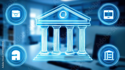 Financial institution overview digital office infographic modern workspace virtual perspective economic insights