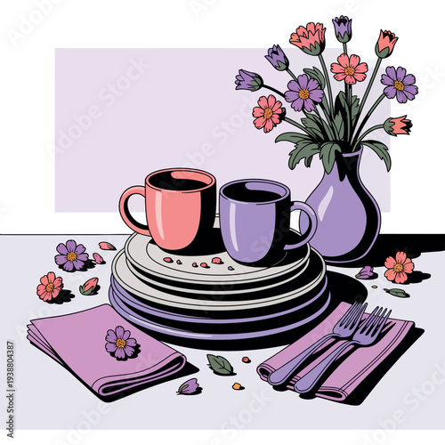 A colorful still life of coffee cups and flowers on a table setting