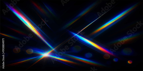 A futuristic abstract background featuring vibrant rainbow waves and glowing laser lines that create a motion pattern of colorful energy against a black space backdrop