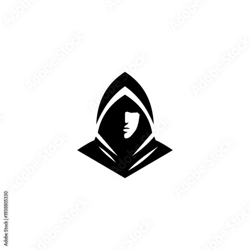 Minimalist hooded mysterious figure silhouette logo with hidden face isolated on white background