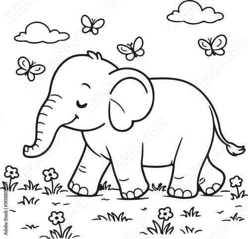 Cute Baby Elephant with Butterflies and Flowers Coloring Page