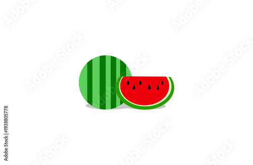 Minimalist watermelon vector illustration in flat style. Whole watermelon with green striped rind and a fresh red watermelon slice with black seeds isolated on neutral background. Simple and colorful.