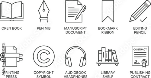 Set of linear icons representing various aspects of the book publishing and writing process.