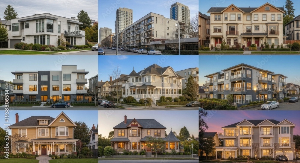 Fototapeta premium A collage of various houses, including Victorian-style homes and modern apartment buildings, with a focus on the architectural details and the contrast between the old and new styles.