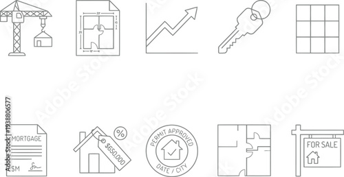 Hand drawn real estate and construction icon set featuring crane house key and chart