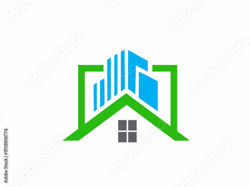 Modern Green and Blue Real Estate Logo with House Roof and Skyscraper Elements for Property Management and Construction