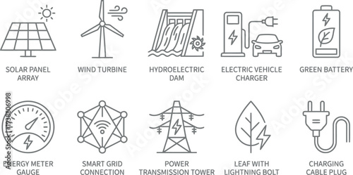 Collection of renewable energy icons including solar panels, wind turbines, and electric vehicles