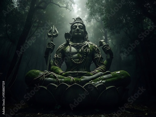 Lord Shiva Statue in Deep Forest with Moss and Sunlight. Generative Ai