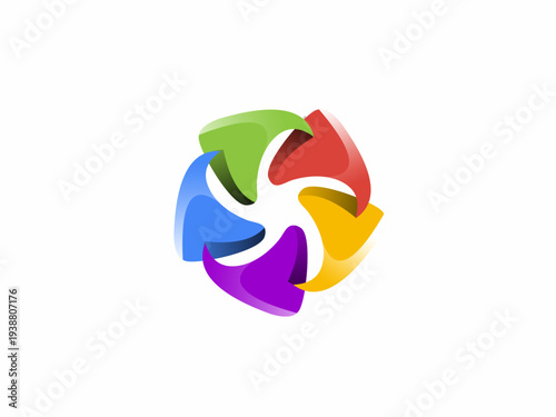 Abstract Multi-Color 3D Spiral Logo with Five Interlocking Petals Representing Teamwork, Synergy and Dynamic Energy