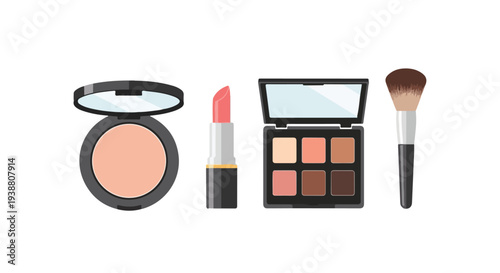 Minimalist makeup set with powder compact, lipstick, eyeshadow palette, and brush. Flat vector illustration of essential beauty products. Cosmetic kit isolated on white background.