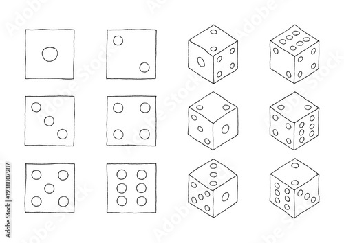 手描きのサイコロのシンプルな線画イラストセット