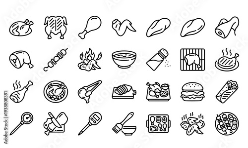 Chicken and BBQ Food Outline Icon Set – Grilled Chicken, Drumstick and Barbecue Line Icons