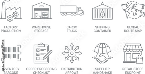 Logistics and supply chain management icon set featuring factory, warehouse, truck, and shipping.