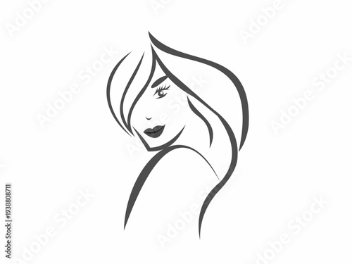 Artistic Hand Drawn Woman Face Illustration with Long Flowing Hair for Fashion Magazine Beauty Blog and Hair Salon Logo Design