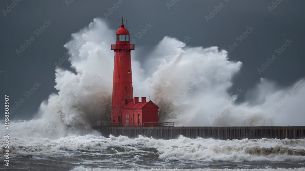 Obraz premium Dramatic Storm Waves Crash Against a Resilient Red Lighthouse on the Coast