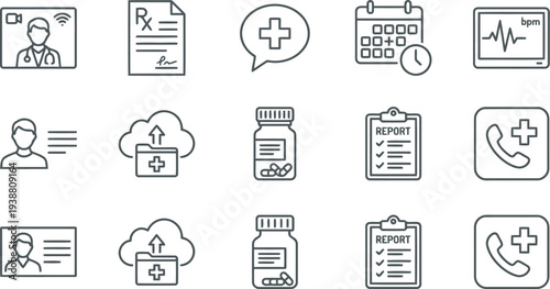 Set of hand drawn medical and healthcare icons for telemedicine and digital health services.