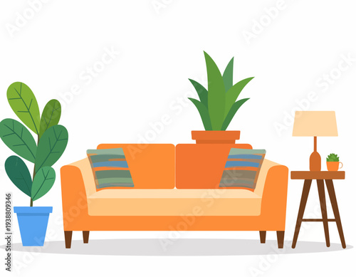 Couch and Houseplants Indoor Illustration
