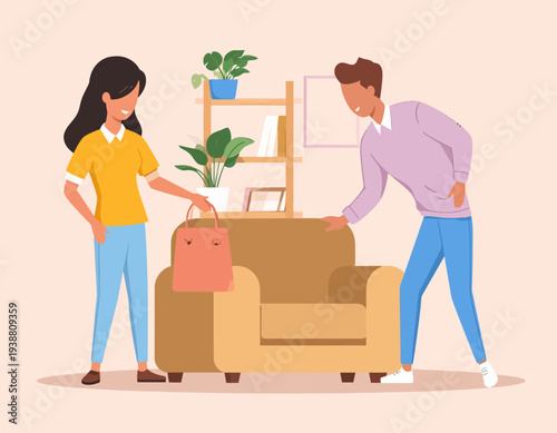 Couple Decorating Home with Armchair and Plants