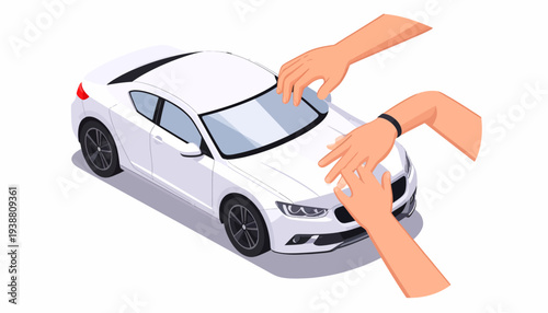 Hands Inspecting a New Car