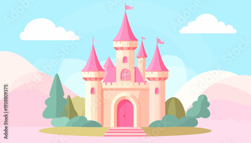 Fantasy Pink Castle Cartoon Vector Illustration