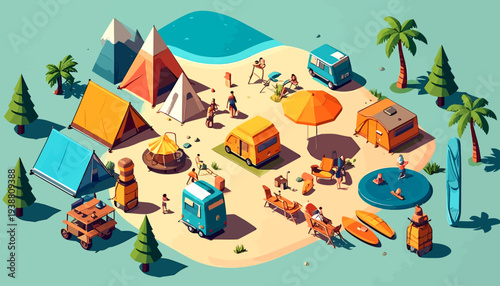 Isometric Camping Scene with People and Vehicles