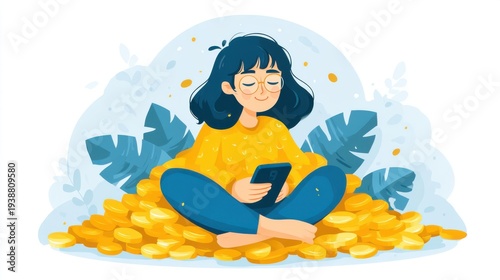 Relaxing woman enjoys her phone surrounded by gold coins digital art cozy atmosphere vibrant colors
