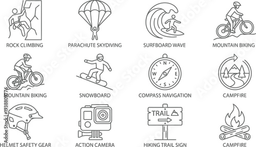Collection of outdoor adventure and extreme sports line icons for recreational activities
