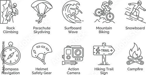 Collection of minimalist line icons representing various outdoor adventure and extreme sports activities