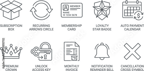 Subscription and membership services icon set featuring recurring payments and loyalty rewards