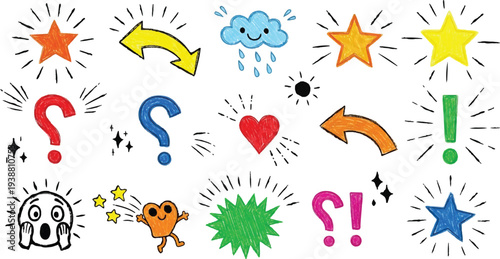 A playful collection of vibrant, hand-drawn reaction icons on white background, featuring stars, hearts, exclamation marks, and expressive faces. Rendered in a textured crayon or chalk style.