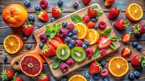 A photo of a colorful fruit and berry flatlay with vibrant oranges, strawberries, blueberries, raspberries, and kiwis arranged on a wooden cutting boa