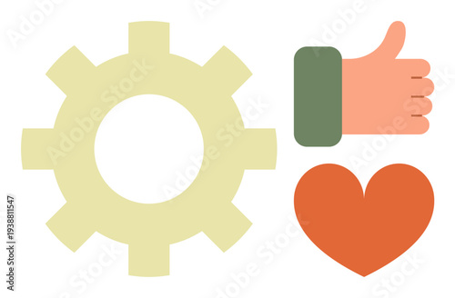Productivity, teamwork, motivation, satisfaction, success, emotional connection. Beige gear, green thumbs-up red heart icons. Productivity and teamwork highlighting approval and passion elements