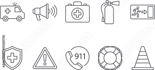 Set of emergency and safety line icons featuring ambulance first aid kit and fire extinguisher