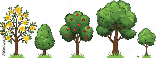 Cartoon tree collection with flowering tree, apple fruit tree and green forest trees isolated vector illustration set