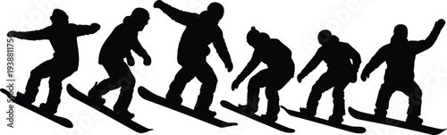 Snowboarder silhouettes performing tricks sequence on slope, winter sport action poses isolated vector illustration on white background