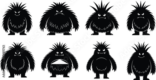 Cute and scary monster silhouettes set, funny cartoon creature characters collection isolated vector illustration on white background