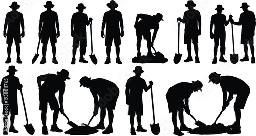 Gardener silhouettes collection with shovel digging soil, landscaping and gardening work poses isolated vector illustration on white background
