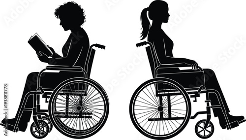 Women in wheelchair silhouettes reading book and sitting profile view, disability awareness and accessibility concept isolated vector illustration