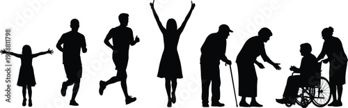People silhouettes collection featuring child, runners, celebrating woman and elderly assistance scene isolated vector illustration on white background