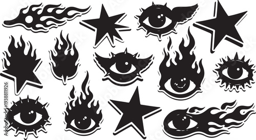 A bold set of high-contrast black silhouettes featuring neo-tribal and cyber sigilism motifs. These "sticker-style" celestial eyes and flaming icons with white outlines.