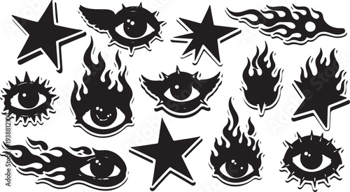 A bold set of high-contrast black silhouettes featuring neo-tribal and cyber sigilism motifs. These "sticker-style" celestial eyes and flaming icons with white outlines.